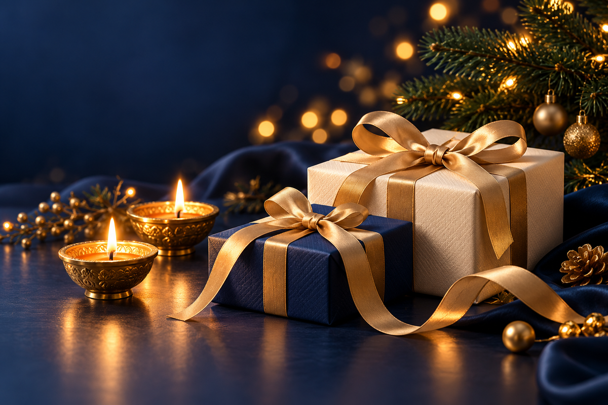 Festive navy and gold gift boxes with Diwali lamps and Christmas greenery